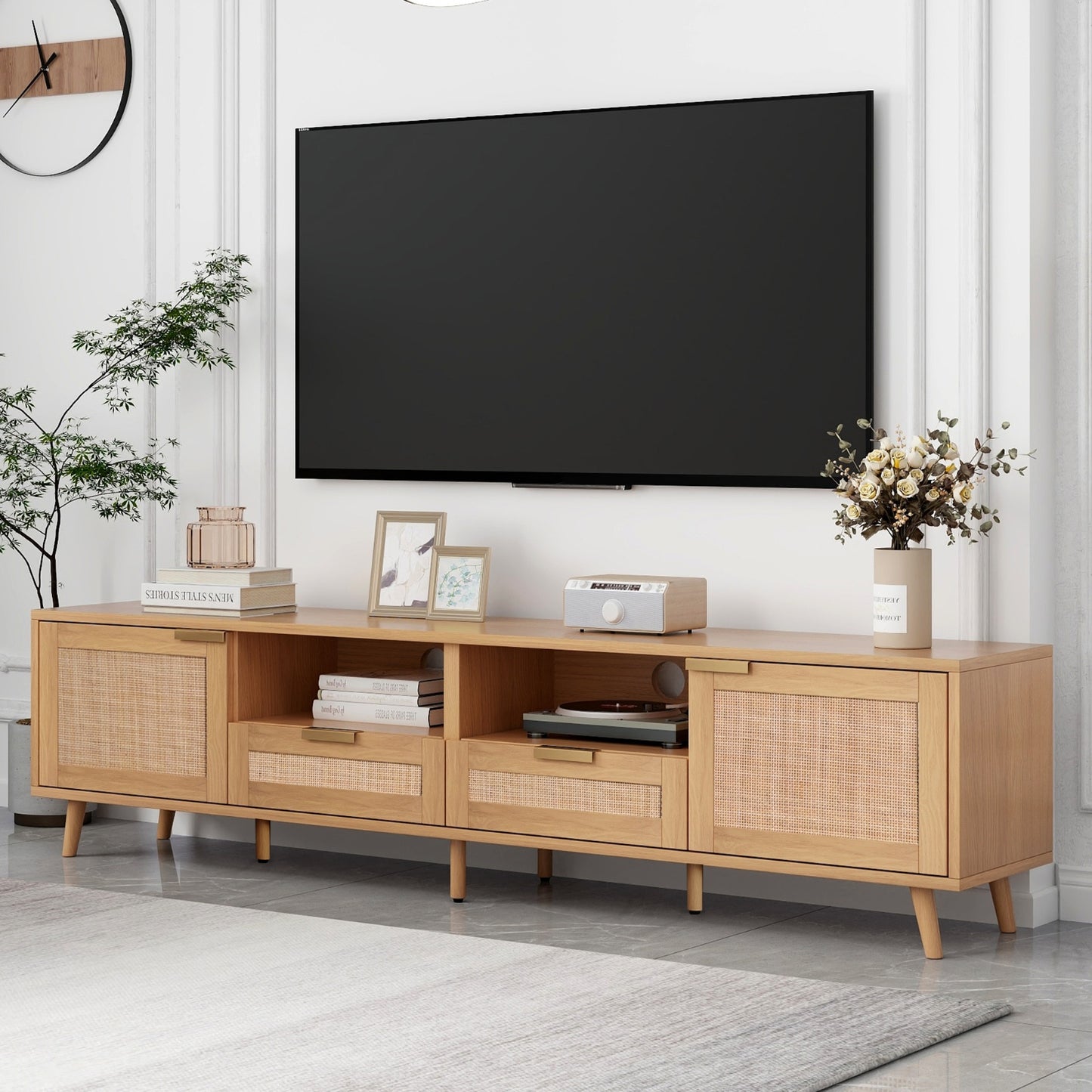 Rattan TV Stand For TVs Up To 85'', Modern Farmhouse Media Console Center
