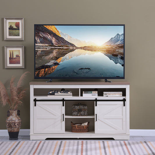 Farmhouse TV Stand For 65  Inch TV, 33 Tall Highboy Entertainment Center W Sliding Barn Door, Rustic Media Console W Storage Shelves, Wood Television Stand For Living Room, Antique White