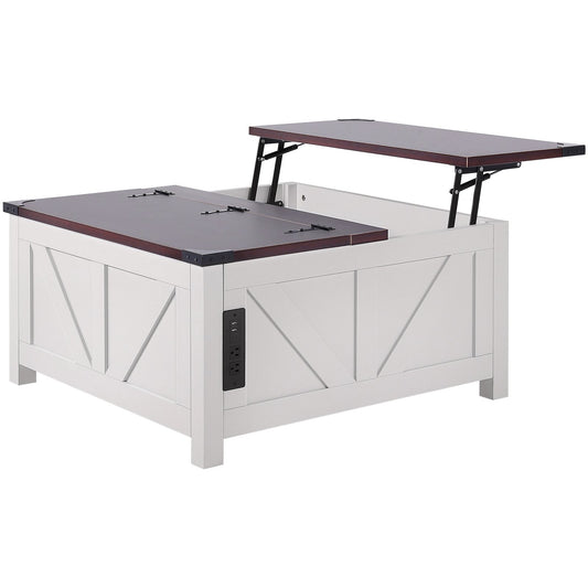 36" Farmhouse Coffee Table, Hinged Lift Top Square Coffee Table With Built-in Power Strip, Wooden Rustic Cocktail Table For Living Room, Bedroom, Apartment, Studio, Brown & White